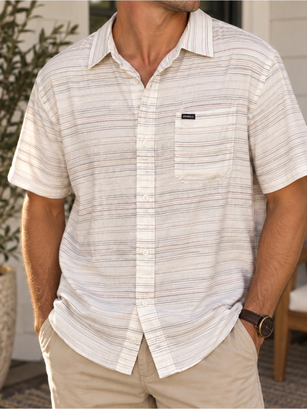 O'Neill Men's Cream and Light Brown Striped Short-Sleeve Button-Down Shirt